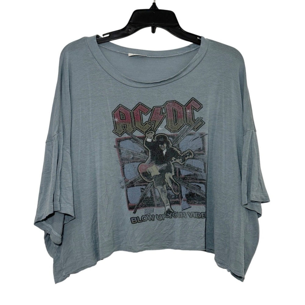 AC/DC Blow Up Your Video‎ Graphic Crop Top Shirt Blue West Coast L